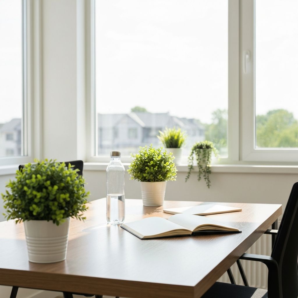 Sunlit workspace with plants and water bottle showing daily wellness setup