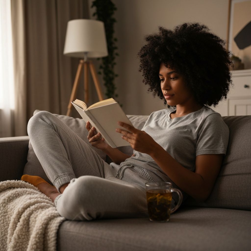 Calm evening scene with tea and reading materials in cozy interior